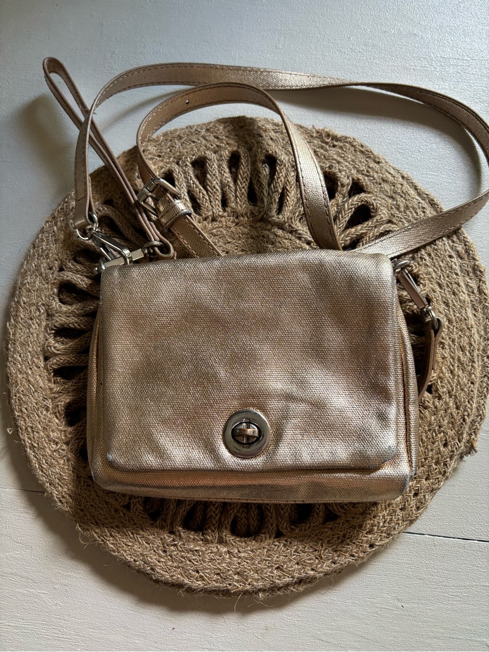 “C” Charming Charlie Gold Crossbody/Wristlet Bag with Turn-Lock Closure
